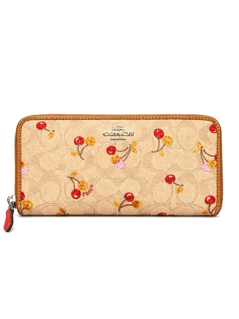 COACH Glitter Cherry Print Signature Jacquard Accordion Zip Wallet